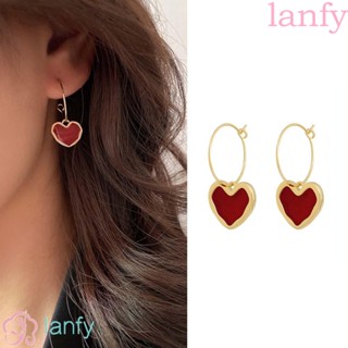 Lanfy ต่างหูตะขอ รูปหัวใจ สไตล์เกาหลี วินเทจ เครื่องประดับแฟชั่น สําหรับผู้หญิง