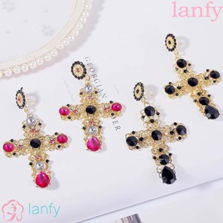 Lanfy ต่างหูสตั๊ด คริสตัล พลอยเทียม ขนาดใหญ่ หรูหรา เครื่องประดับ สําหรับผู้หญิง