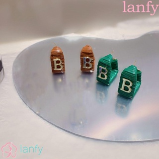 Lanfy ต่างหูแฟชั่น หนัง PU ทรงสี่เหลี่ยม สไตล์วินเทจ สําหรับผู้หญิง