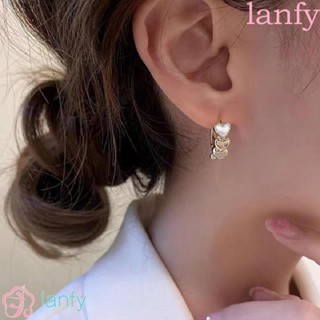 Lanfy ต่างหูห่วง รูปหัวใจ ประดับเพทาย สีทอง เครื่องประดับ สไตล์วินเทจ ของขวัญคริสต์มาส สําหรับผู้หญิง