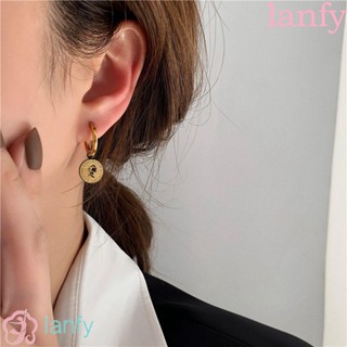 Lanfy ต่างหูไทเทเนียม โลหะ ทรงกลม ลายดอกไม้ เรขาคณิต สไตล์เกาหลี สําหรับผู้หญิง