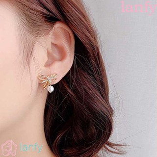 Lanfy ต่างหูสตั๊ด ประดับโบว์ ไข่มุก พลอยเทียม สไตล์เกาหลี แฟชั่น สําหรับงานแต่งงาน ปาร์ตี้