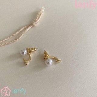 Lanfy ต่างหูสตั๊ด ประดับมุก ทรงเรขาคณิต สไตล์วินเทจ หรูหรา เครื่องประดับแฟชั่น สําหรับผู้หญิง