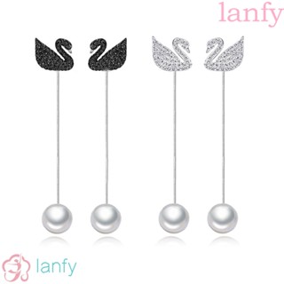 Lanfy ต่างหู รูปหงส์น่ารัก ประดับพู่ พลอยเทียม สไตล์เกาหลี เรียบง่าย สําหรับผู้หญิง