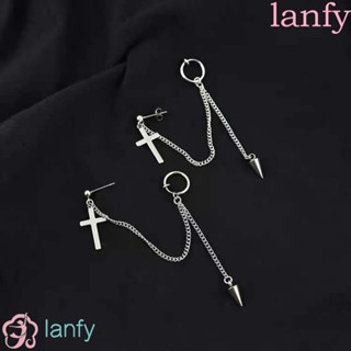 Lanfy ต่างหูสตั๊ด สเตนเลส จี้ไม้กางเขน ประดับพู่โซ่ สไตล์พังก์ เรียบง่าย สําหรับผู้ชาย