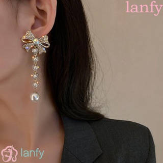 Lanfy ต่างหูระย้า ประดับโบว์ ไข่มุก ทรงเรขาคณิต เครื่องประดับแฟชั่น สําหรับผู้หญิง