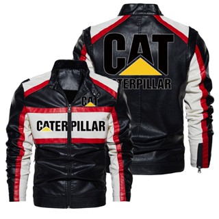 เสื้อแจ็กเก็ตหนังลําลอง กันลม พิมพ์ลายโลโก้ Cat Caterpillar สไตล์ยุโรป และอเมริกา สีตัดกัน สําหรับขี่จักรยาน