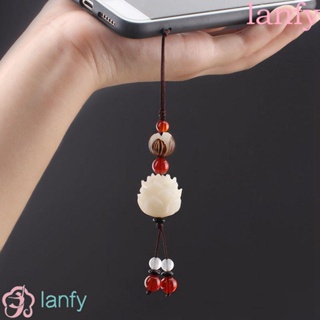 Lanfy พวงกุญแจไม้ จี้รูปดอกบัว ป้องกันการสูญหาย สไตล์จีน สําหรับห้อยโทรศัพท์มือถือ