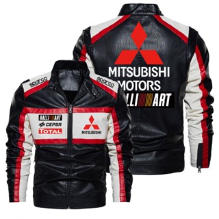 เสื้อแจ็กเก็ตหนังลําลอง กันลม พิมพ์ลายโลโก้ Mitsubishi สีคอนทราสต์ สไตล์ยุโรป และอเมริกา สําหรับขี่จักรยาน