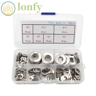 Lonfy แหวนรองสปริง สเตนเลส 304 สีเงิน M3 M4 M5 M6 M8 M10 M12 350 ชิ้น