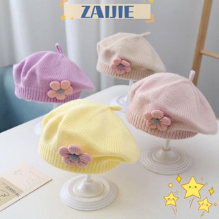 Zaijie24 หมวกเบเร่ต์ ผ้าถัก ลายดอกไม้น่ารัก สีพื้น สําหรับเด็ก