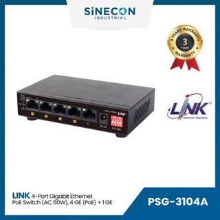 Link(ลิ้งค์) เน็ตเวิร์กสวิตช์ PSG-3104A 4-Port GIGABIT Ethernet PoE SWITCH (AC 60W); 4 GE (PoE) + 1 GE