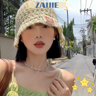 Zaijie24 หมวกฟางถักโครเชต์ ทรงบักเก็ต ระบายอากาศ ฉลากแฟชั่น สําหรับตกปลากลางแจ้ง