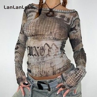 Lanlanlolo เสื้อยืดลําลอง แขนยาว คอกลม ผ้าตาข่าย พิมพ์ลาย สไตล์เรโทร แฟชั่นสําหรับสตรี 2023