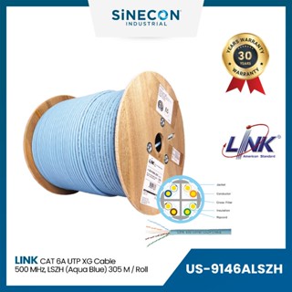 Link(ลิ้งค์) สายแลน CAT 6A US-9146ALSZH ความยาว 305 เมตร CAT 6A UTP XG ( 500 MHz ) CABLE, LSZH Aqua Blue Indoor