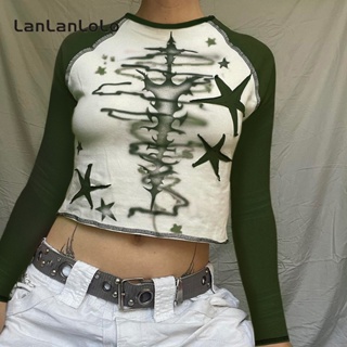 Lanlanlolo เสื้อยืดลําลอง แขนยาว คอกลม พิมพ์ลายกราฟฟิติ แนวสตรีท สีตัดกัน สําหรับสตรี 2023