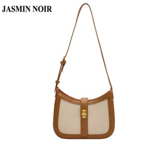 Jasmin NOIR PU และฟางเย็บปะติดปะต่อกัน ผู้หญิง กระเป๋าสะพายไหล่ CasualLock กระเป๋าสะพายข้าง กระเป๋าถือ Hobos