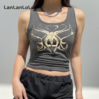 Lanlanlolo เสื้อกล้าม คอกลม แขนสั้น พิมพ์ลาย สไตล์วินเทจ เข้ากับทุกการแต่งกาย แฟชั่นสําหรับสตรี 2023