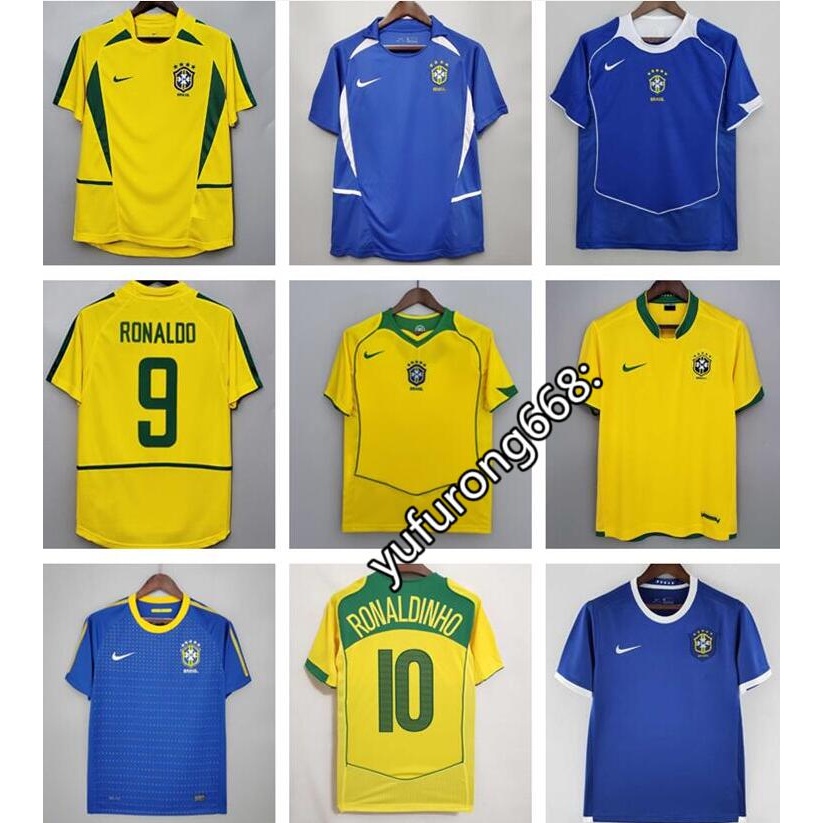 เสื้อกีฬาแขนสั้น ลายทีมชาติฟุตบอล Brazil 2002 2004 ชุดเหย้า สไตล์เรโทร