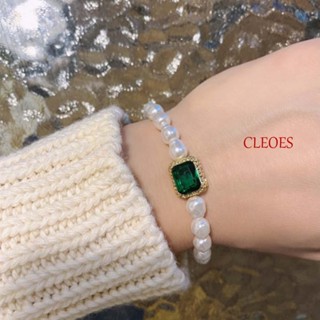 Cleoes สร้อยคอ สร้อยข้อมือ โลหะผสม ประดับไข่มุก ทรงสี่เหลี่ยม สีเขียว สไตล์เกาหลี เรโทร สําหรับผู้หญิง