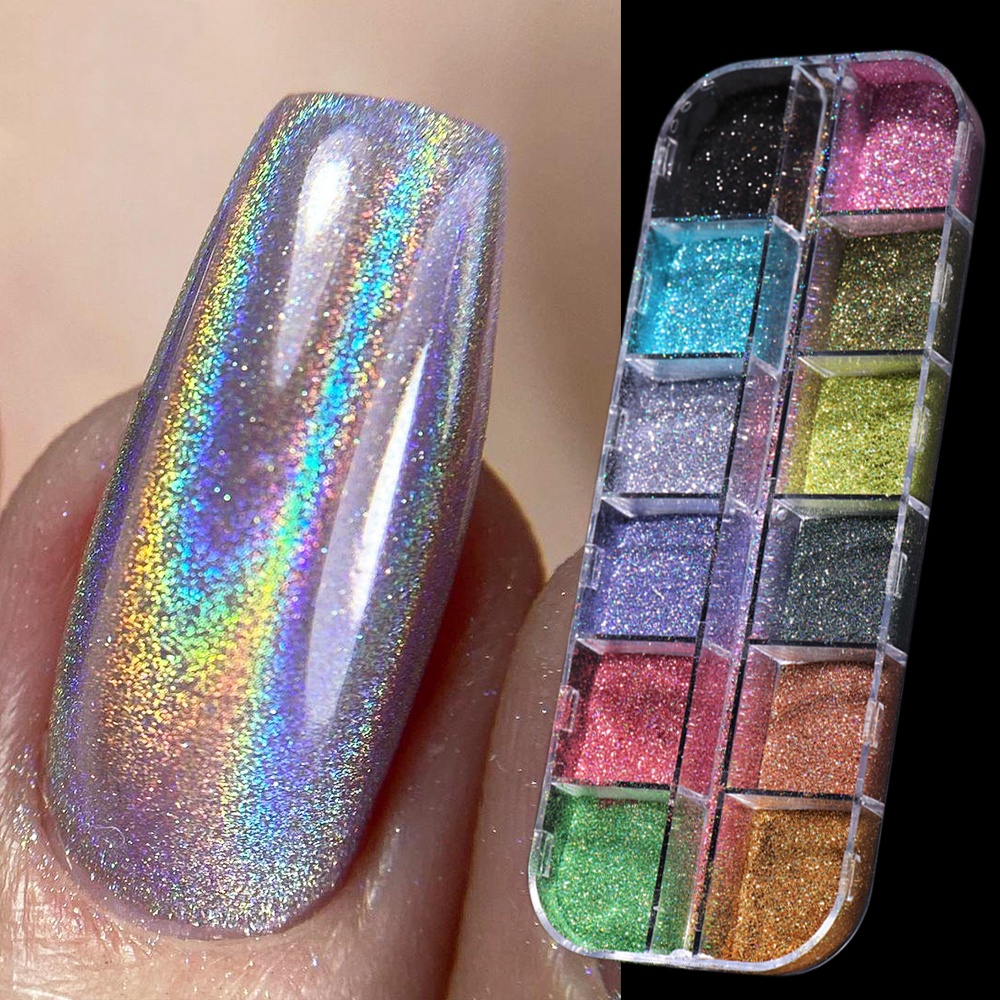 ชุดผงโฮโลแกรม สีเงิน สีชมพู สีดํา สําหรับตกแต่งเล็บ DIY