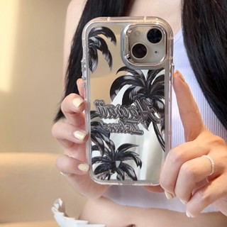 เคสป้องกันโทรศัพท์มือถือ PC Tpu แบบนิ่ม ลายต้นมะพร้าว มีกระจก สําหรับ iPhone 14 13 12 11 RRO MAX