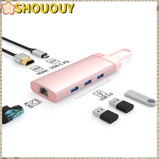 Shououy อะแดปเตอร์ฮับ USB C 6 in 1 Gigabit USB 3.0 RJ45 อีเธอร์เน็ต Type-C