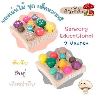 Pollys House ของเล่นไม้ ชุด เห็ดหลากสี หัดนับ จับคู่ เรียงลำดับ Colorful Mushroom Kids Montessori Wooden Toy