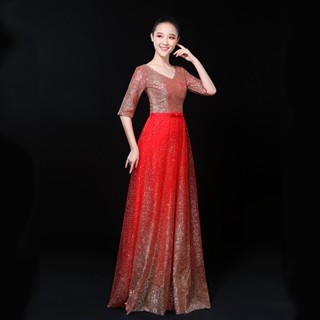เครื่องแต่งกาย ชุดเดรสกระโปรงยาว สีแดง สําหรับผู้ใหญ่ และผู้สูงอายุ