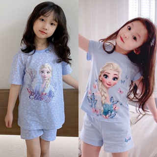 ชุดนอน เสื้อแขนสั้น ผ้าฝ้าย ลายการ์ตูน Frozen Elsa และกางเกงขาสั้น สําหรับเด็กผู้หญิง