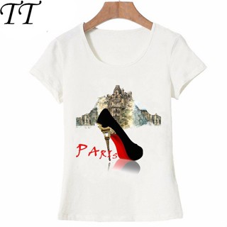 เสื้อยืดลําลอง แฟชั่นสําหรับสตรี แขนสั้น พิมพ์ลาย I Love A Simple Paris Red Shoes สีน้ํา สไตล์วินเทจ เหมาะกับงานปาร์ตี้