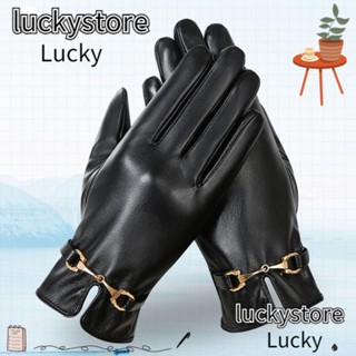 Lucky ถุงมือขับรถ ถุงมือหนัง PU แบบหนา กันน้ํา กันลม อบอุ่น เต็มนิ้ว หน้าจอสัมผัส แฟชั่นฤดูหนาว กีฬากลางแจ้ง