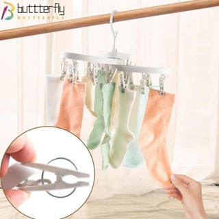 Buttterfly ไม้แขวนเสื้อพลาสติก สีชมพู พับได้ พร้อมคลิปหนีบ 18 ชิ้น 360° ตะขอหมุนได้ สําหรับตากผ้าขนหนู บรา ถุงมือ เสื้อผ้าเด็ก