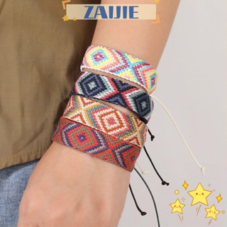 Zaijie24 เครื่องประดับข้อมือ สร้อยข้อมือ ผ้าฝ้าย ลายเพชร สไตล์โบฮีเมียนย้อนยุค สําหรับผู้หญิง