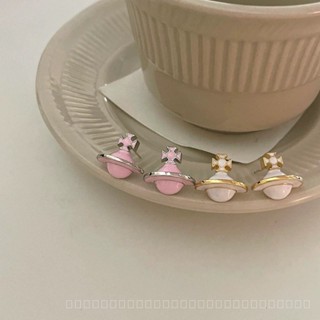 0820-YWTS Sweet Queen Mother Pink Saturn Earrings Drip Glazed 925 Silver Needle Simple Earrings Personalized Minority Exquisite Design CDQH