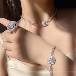 0820-YWTS Camellia Special-Interest Design Elegant Socialite Hollow Rose Necklace Ear Stud Open Ring Full Diamond Bracelet for Women PE1G