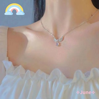 June สร้อยคอโซ่ โลหะผสมคริสตัล รูปโบว์ หัวใจ สีชมพู ของขวัญ