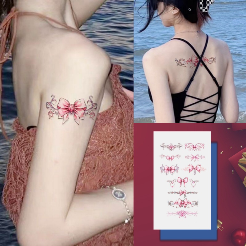 สติกเกอร์รอยสักชั่วคราว ลายโบว์ สีชมพู กันน้ํา ใช้งานได้นาน 7 วัน