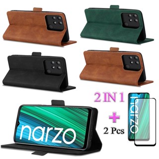 2 IN 1 เคสโทรศัพท์หนัง ฝาพับ พร้อมหน้าจอเซรามิค สองชิ้น สําหรับ Realme Narzo 50A