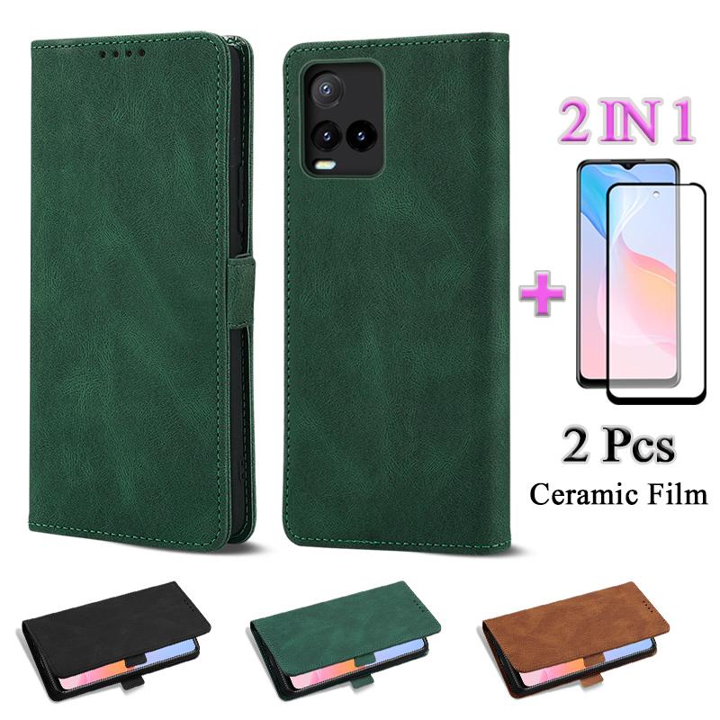 2 IN 1 สําหรับ VIVO Y21 2021 VIVO Y21S VIVO Y33S สําหรับซองหนังพลิกหน้าจอเซรามิกสองชิ้น