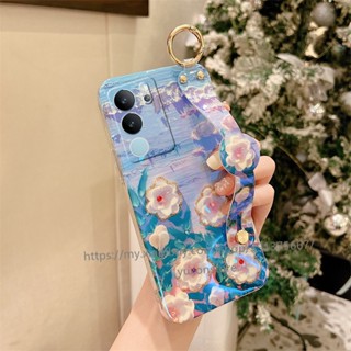 Phone Case VIVO V29 Pro V29e 4G 5G เคสโทรศัพท์มือถือแบบนิ่ม TPU กันกระแทก ลายดอกไม้ พร้อมสายคล้องข้อมือ ขาตั้ง คุณภาพสูง สําหรับ