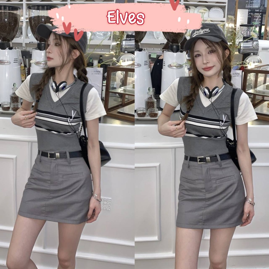 Elves✨พร้อมส่ง✨ เสื้อไหมพรมแขนสั้น สไตล์เกาหลี 2ชั้นติดกัน 3ลาย ดีเทลลายทาง ~08011-M/08011-MY/08011-