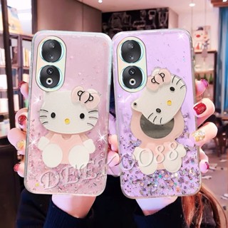 ใหม่ เคสโทรศัพท์มือถือนิ่ม ลายการ์ตูนแมวสีชมพูน่ารัก พร้อมกระจกขาตั้ง สําหรับ Honor 90 5G Lite Honor90 Honor90Lite 2023 Honor 90 Lite