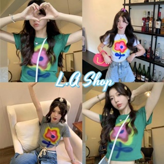 L.A Shop ​พร้อมส่ง เสื้อครอปไหมพรม แขนสั้น คอกลม ดีเทลลายดอกไม้ 3สี "T700-2" -C