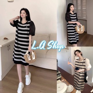 L.A Shop ​พร้อมส่ง ชุดเดรสไหมพรมทรงหลวม แขนชีฟอง คอกลม  ลายทาง "H396" -C