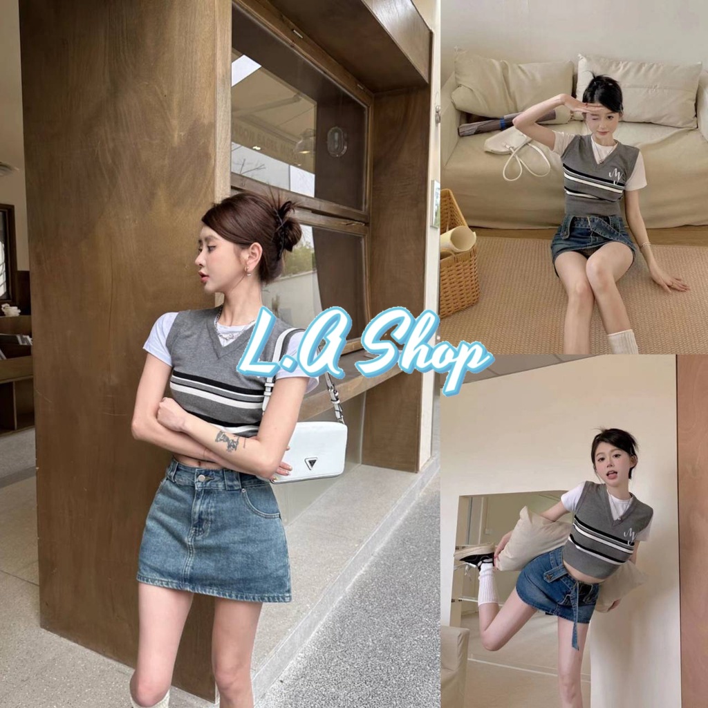 L.A Shop ​พร้อมส่ง เสื้อไหมพรมคอกลม แขนสั้น ดีเทล 2ชั้นติดกัน 3ลาย เกาหลี "08011-M/08011-MY/08011-Y"