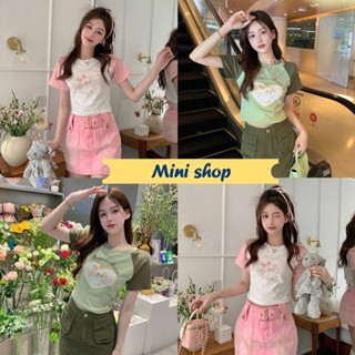 Mini shop🌸พร้อมส่ง🌸 (58067-7) เสื้อครอปไหมพรม สีพาสเทล คอกลม พิมพ์ลายกระต่าย  -C