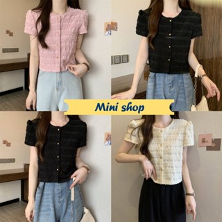 Mini shop🌸พร้อมส่ง🌸 (M5619) เสื้อไหมพรมแขนพัฟ คอกลม สีพื้นสไตล์เกาหลี-C