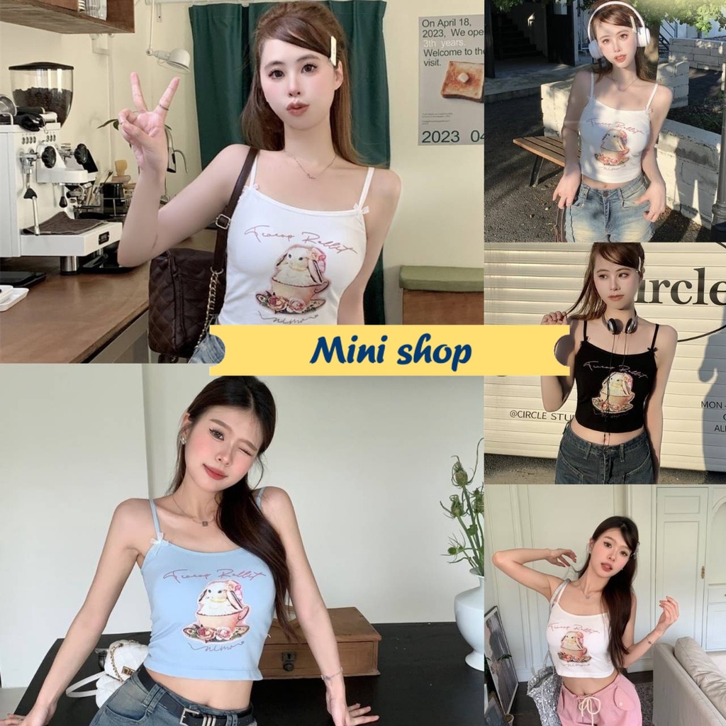 Mini shop พร้อมส่ง (FY6637) เสื้อสายเดี่ยว มีฟองน้ำ พิมพ์ลายการ์ตูนกระต่าย