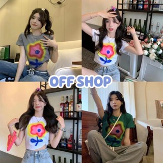 OFF SHOP พร้อมส่ง (OFF-T700-2) เสื้อครอปไหมพรม แขนสั้น คอกลม ลายดอกไม้ -C